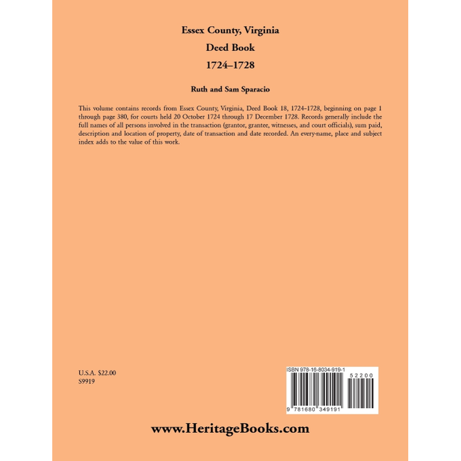 Essex County, Virginia Deed Book Abstracts, 1724-1728 back cover