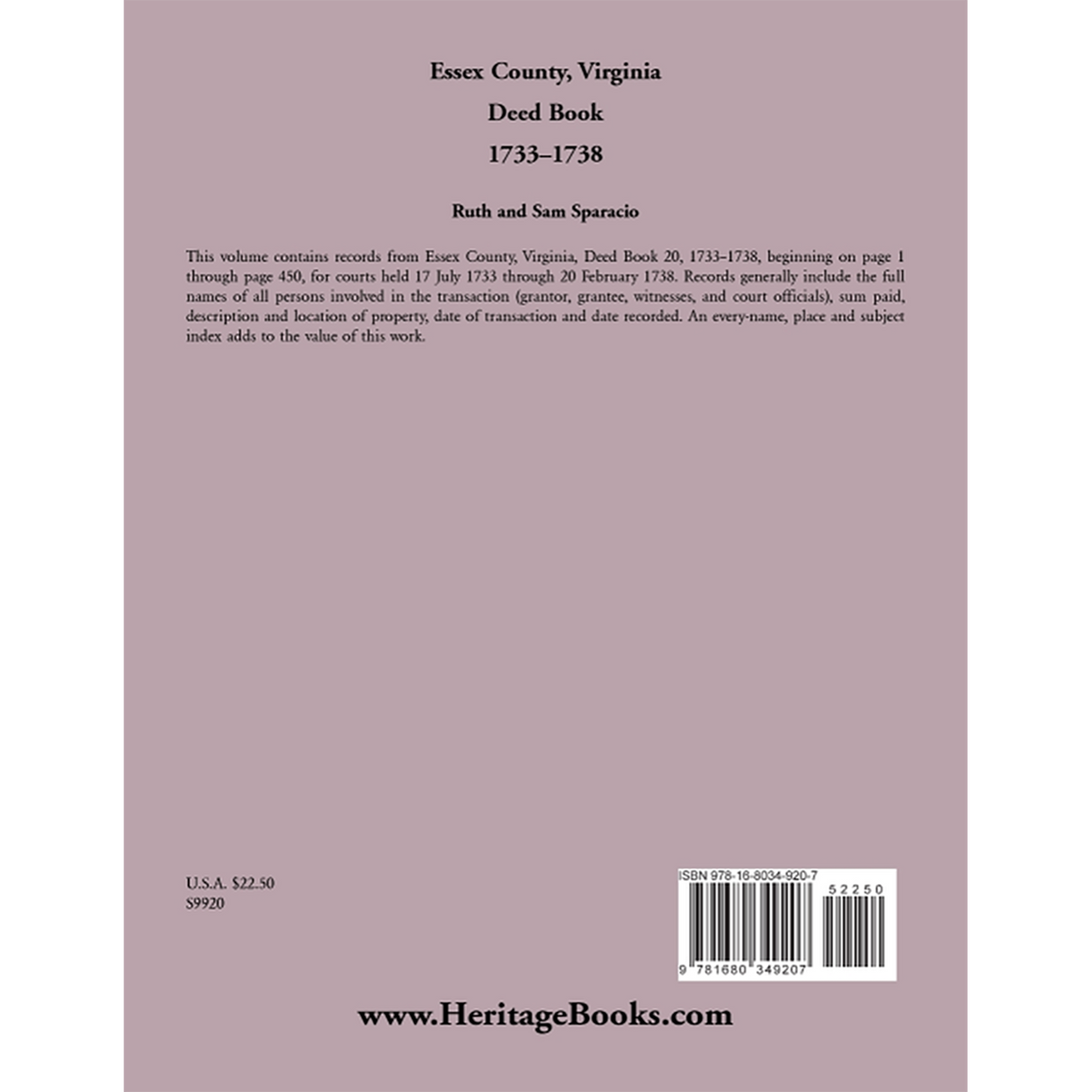 Essex County, Virginia Deed Book Abstracts 1733-1738 back cover