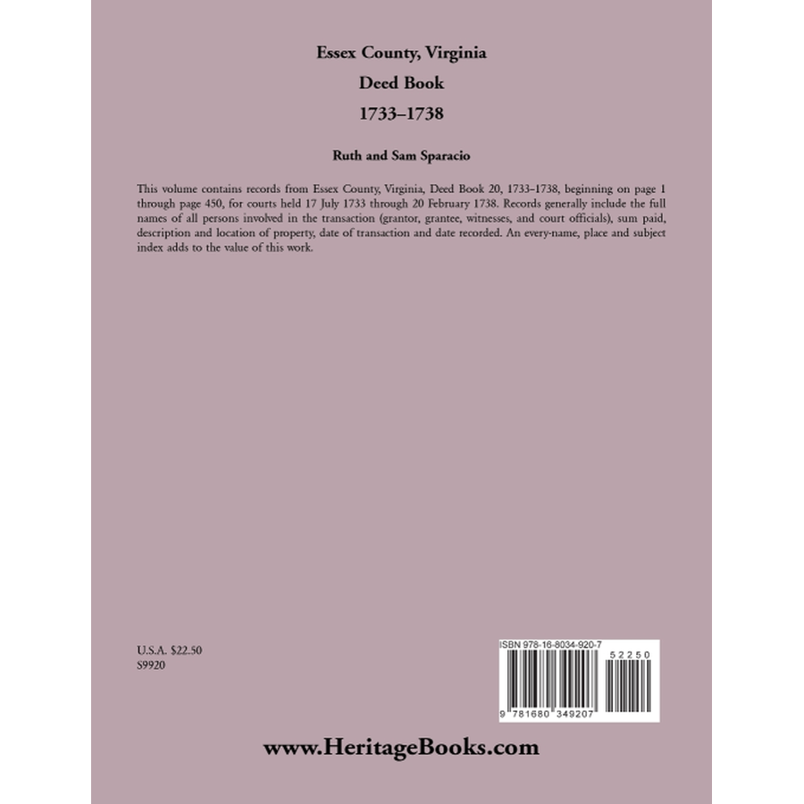 Essex County, Virginia Deed Book Abstracts 1733-1738 back cover