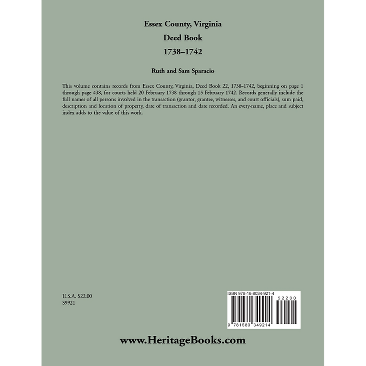Essex County, Virginia Deed Book Abstracts 1738-1742 back cover