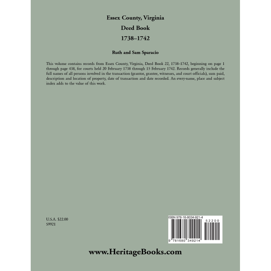 Essex County, Virginia Deed Book Abstracts 1738-1742 back cover