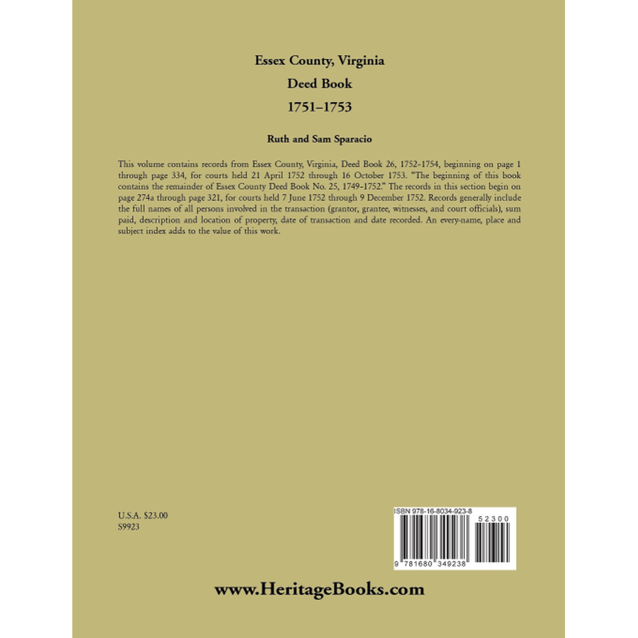 Essex County, Virginia Deed Book Abstracts 1751-1753 back cover