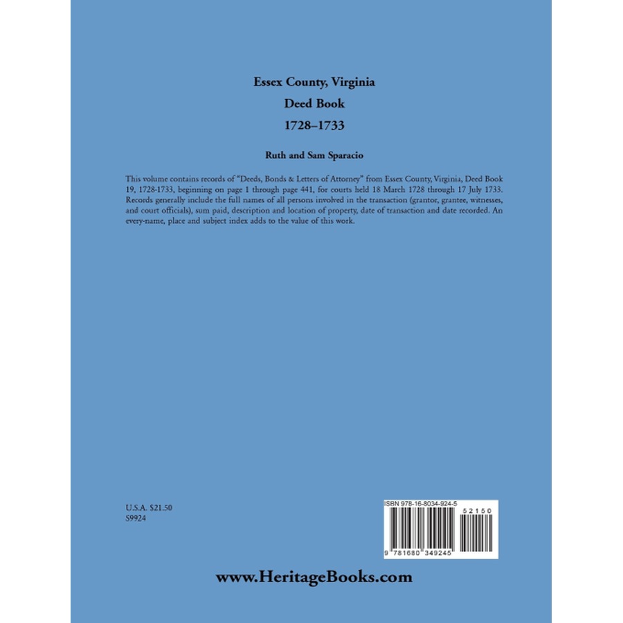 Essex County, Virginia Deed Book Abstracts 1728-1733 back cover