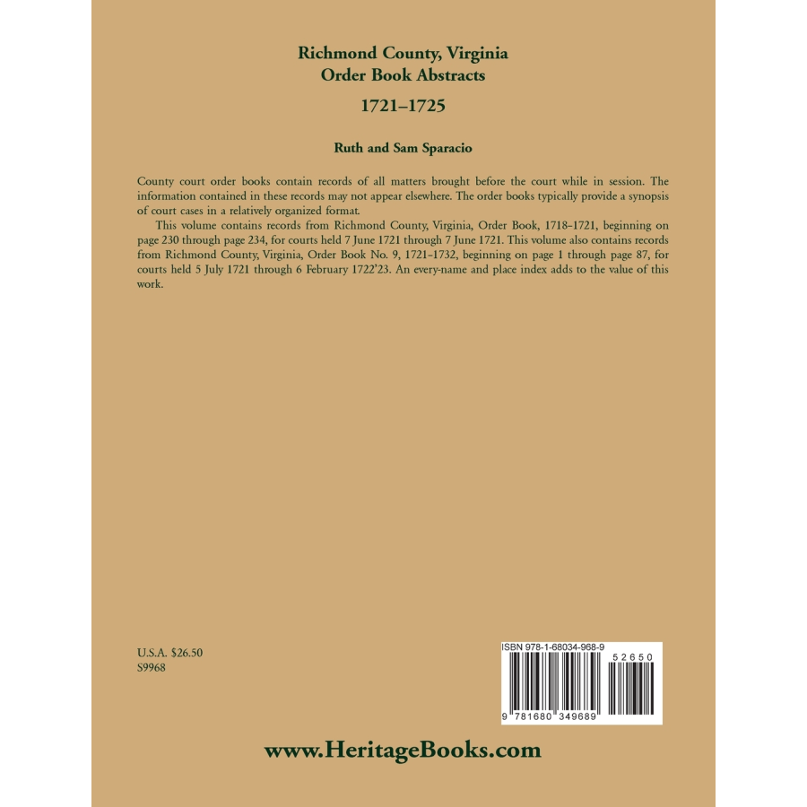 Richmond County, Virginia Order Book Abstracts, 1721-1722 back cover