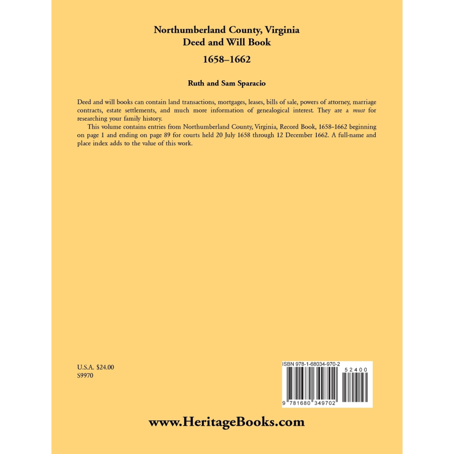 Northumberland County, Virginia Deed and Will Book Abstracts, 1658-1662 back cover