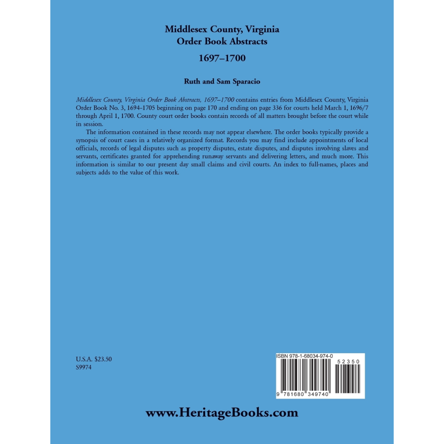 Middlesex County, Virginia Order Book Abstracts, 1697-1700 back cover