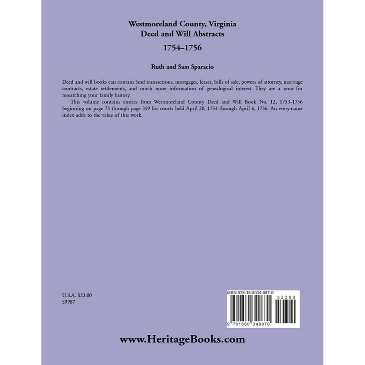 Westmoreland County, Virginia Deed and Will Book Abstracts 1754-1756 back cover