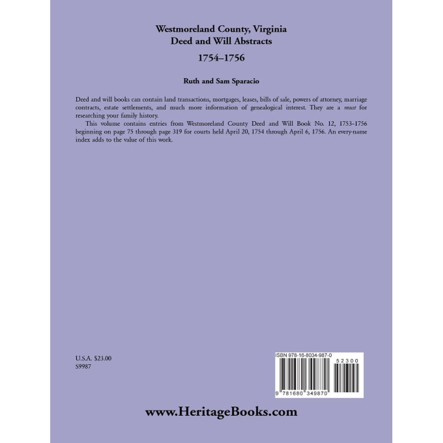 Westmoreland County, Virginia Deed and Will Book Abstracts 1754-1756 back cover