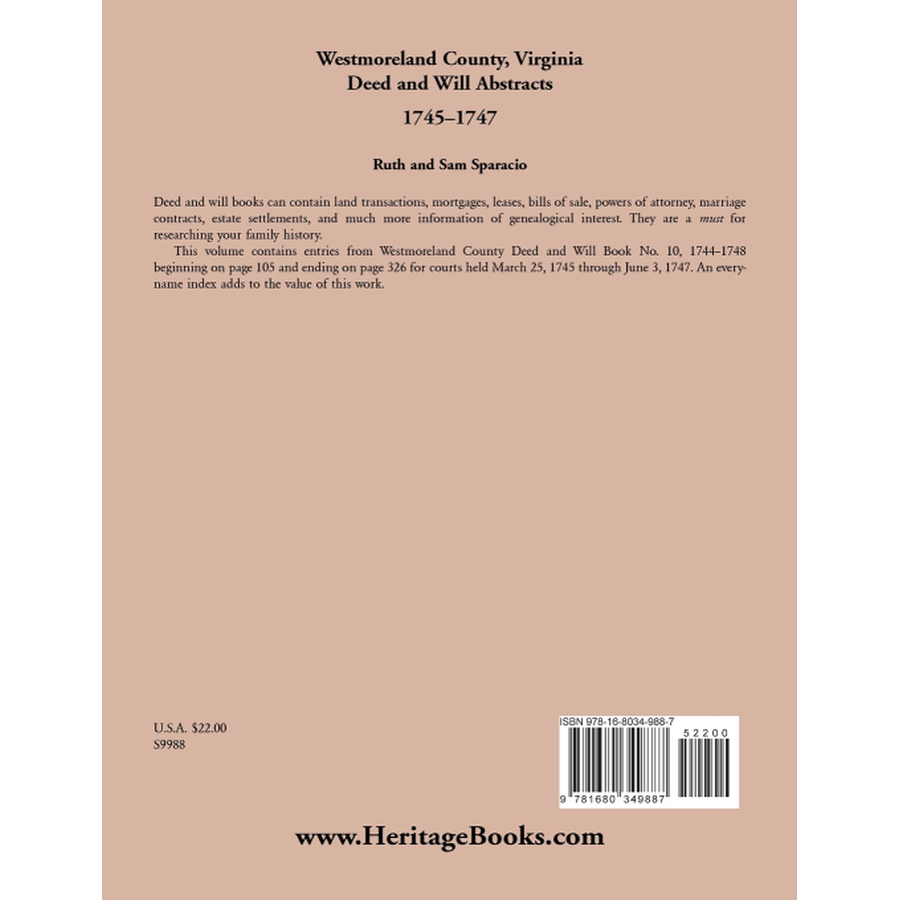 Westmoreland County, Virginia Deed and Will Book Abstracts 1745-1747 back cover