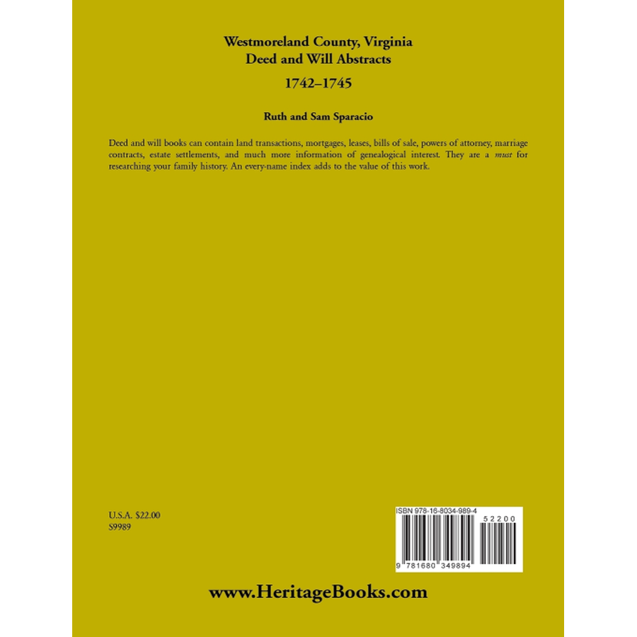 Westmoreland County, Virginia Deed and Will Book Abstracts 1742-1745 back cover