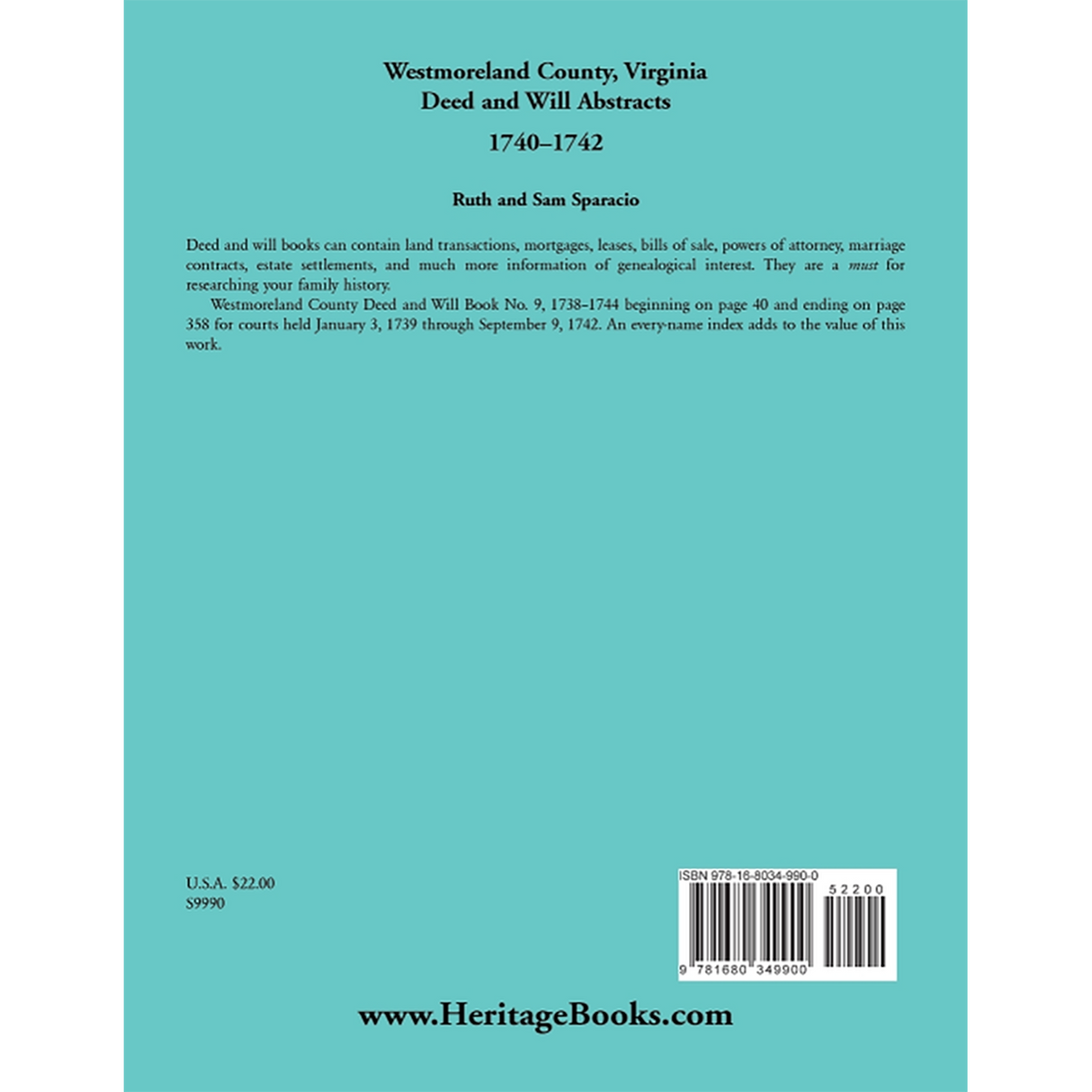 Westmoreland County, Virginia Deed and Will Book Abstracts 1740-1742 back cover