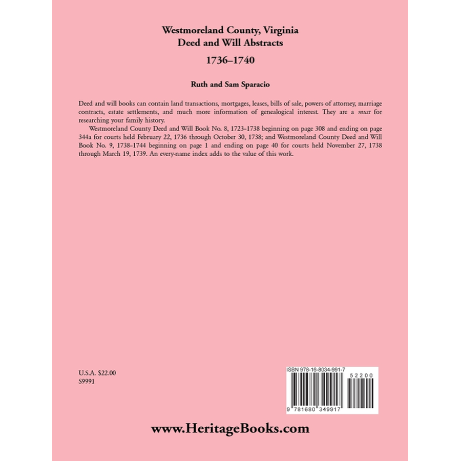 Westmoreland County, Virginia Deed and Will Book Abstracts 1736-1740 back cover