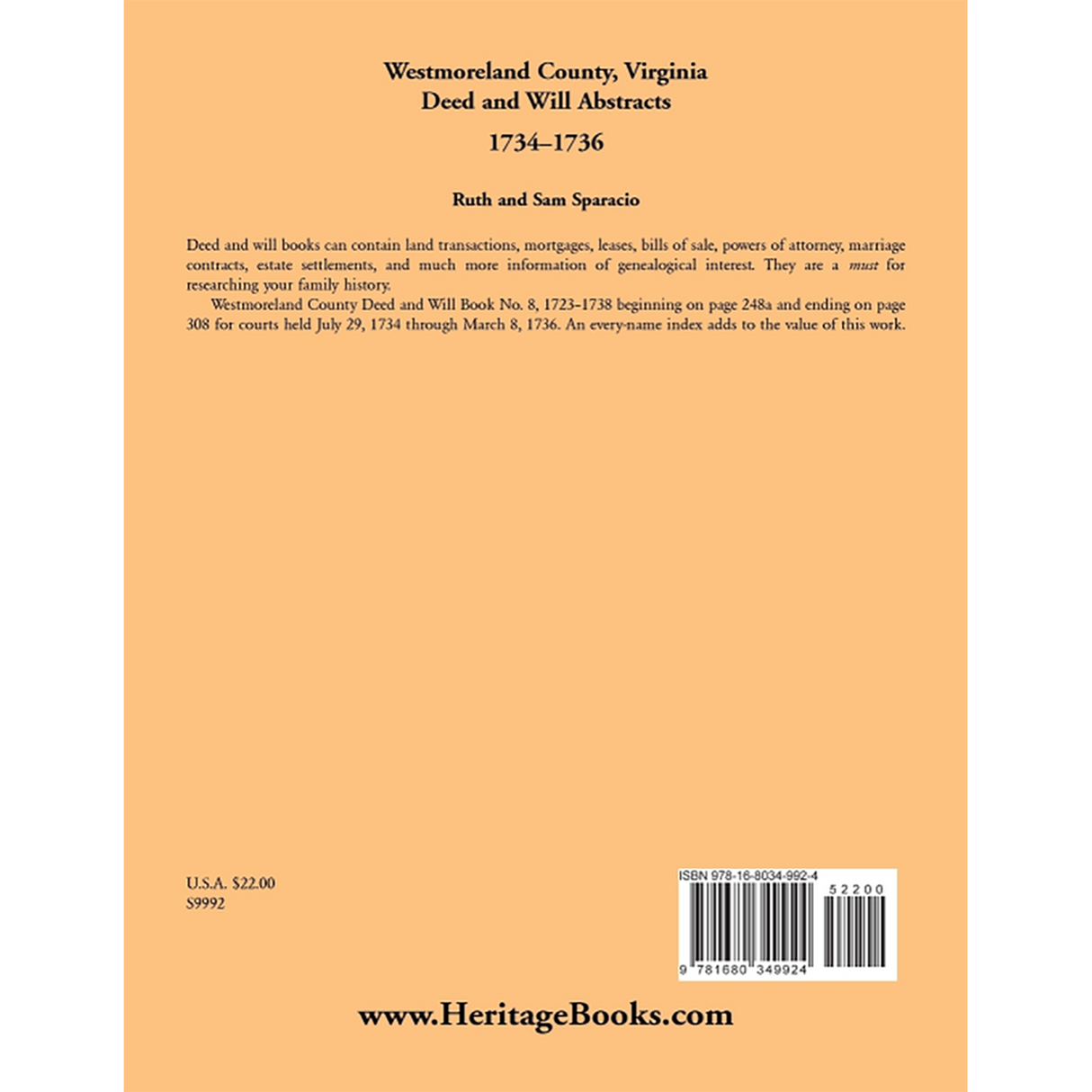 Westmoreland County, Virginia Deed and Will Book Abstracts 1734-1736 back cover