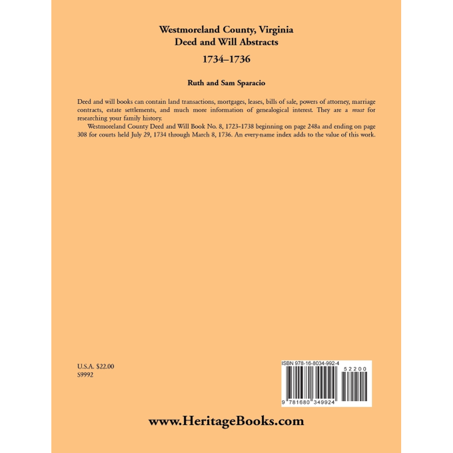 Westmoreland County, Virginia Deed and Will Book Abstracts 1734-1736 back cover