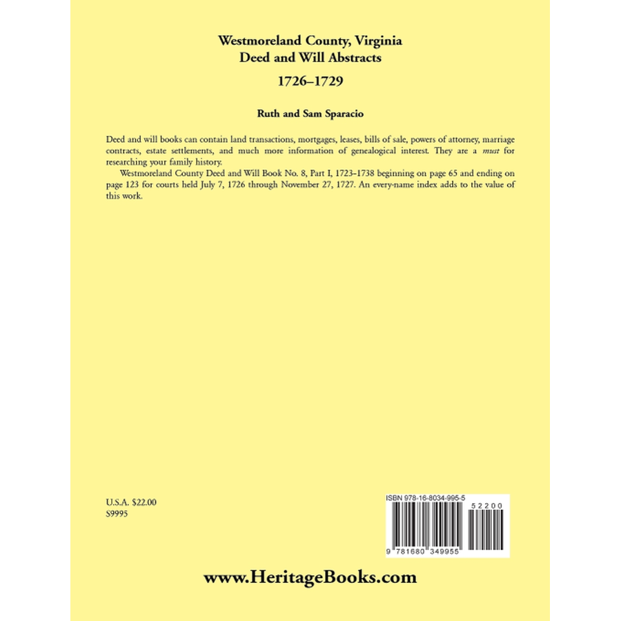 Westmoreland County, Virginia Deed and Will Book Abstracts 1726-1729 back cover