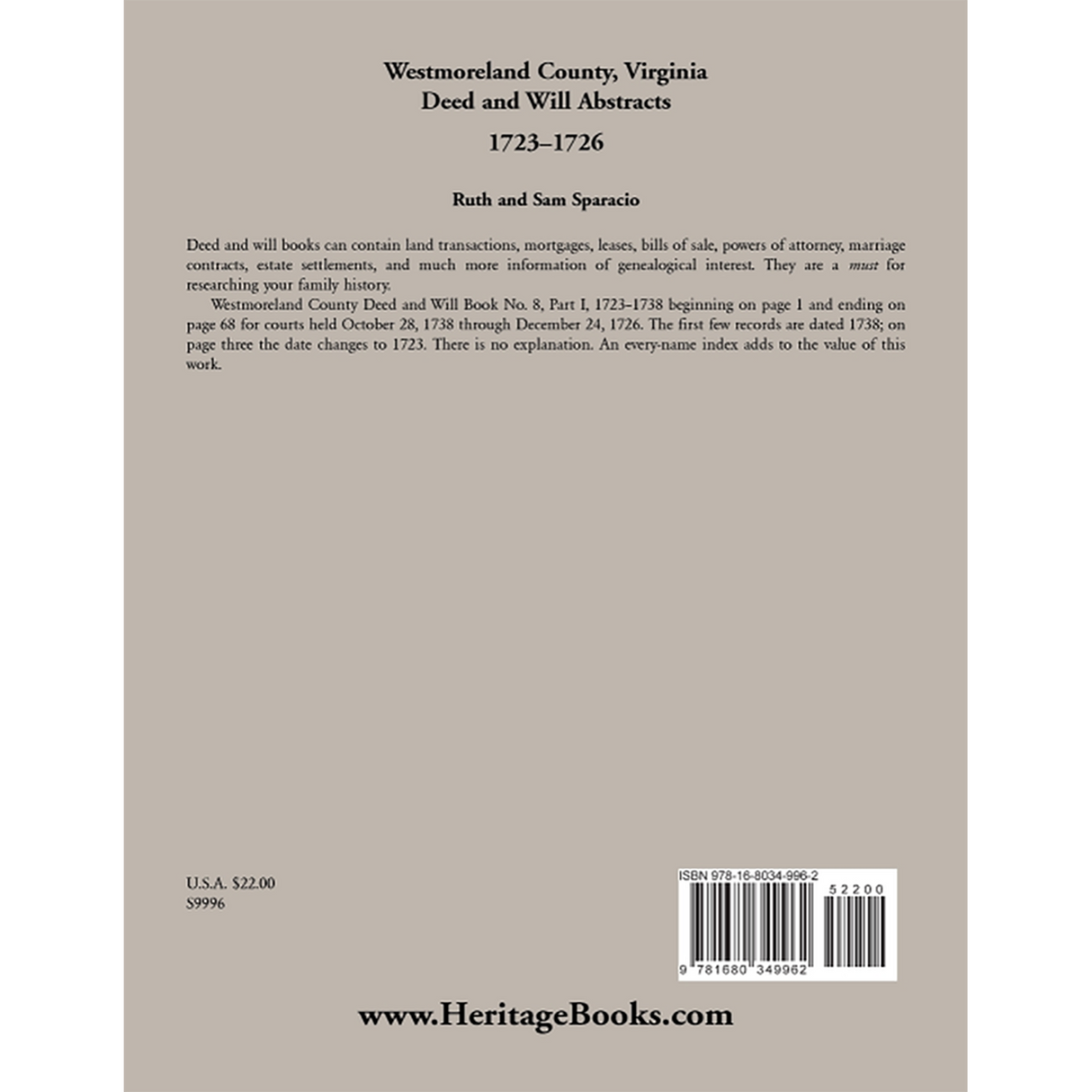 Westmoreland County, Virginia Deed and Will Book Abstracts 1723-1726 back cover