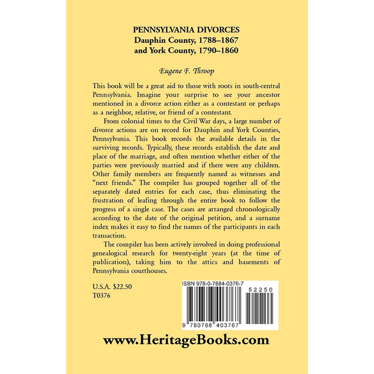 Pennsylvania Divorces: Dauphin County, 1788-1867 and York County, 1790-1860 back cover
