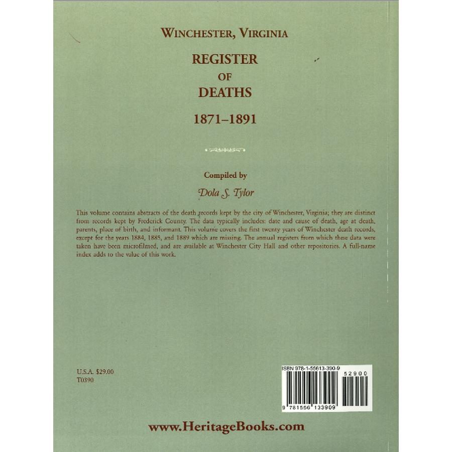 Winchester, Virginia Register of Deaths, 1871-1891 back cover