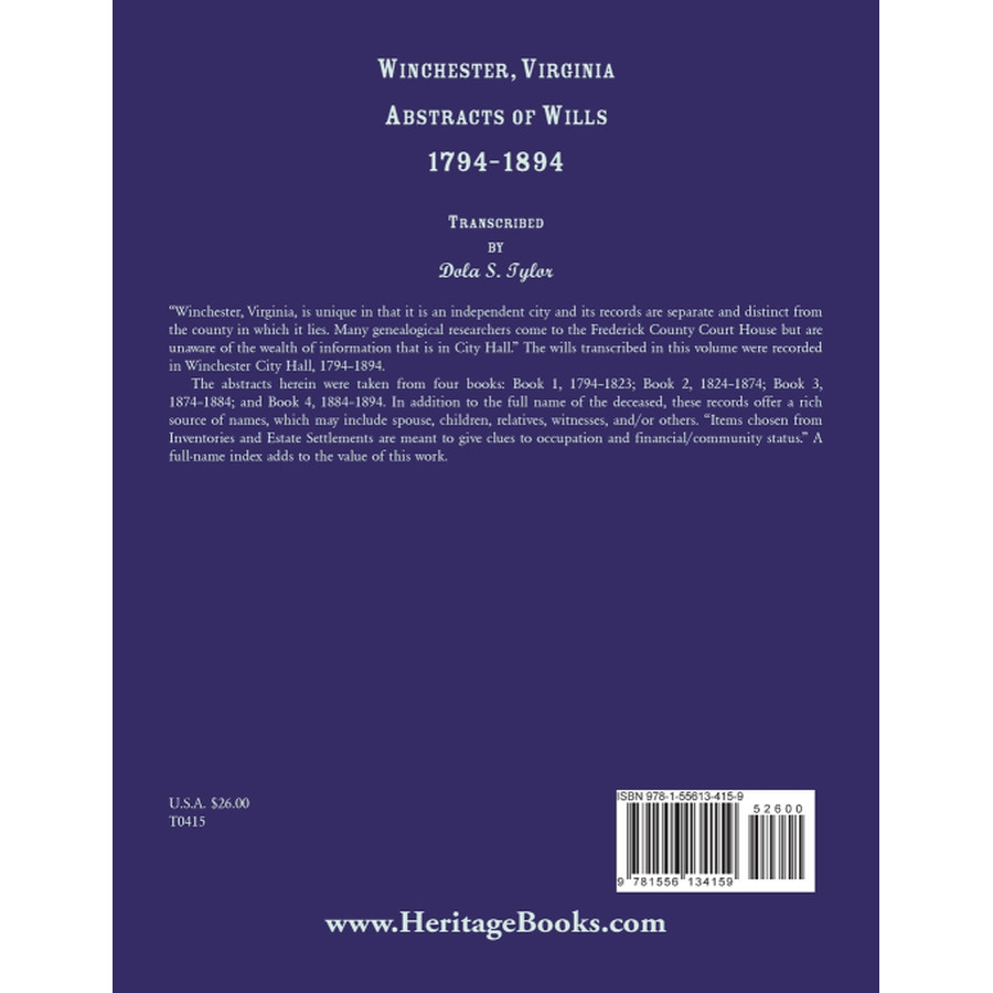 Winchester, Virginia Abstracts of Wills 1794-1894 back cover