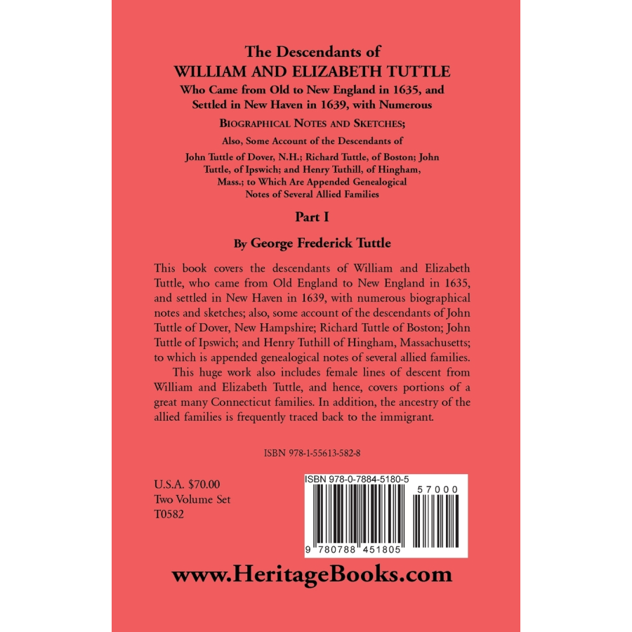 The Descendants of William and Elizabeth Tuttle, Part I back cover
