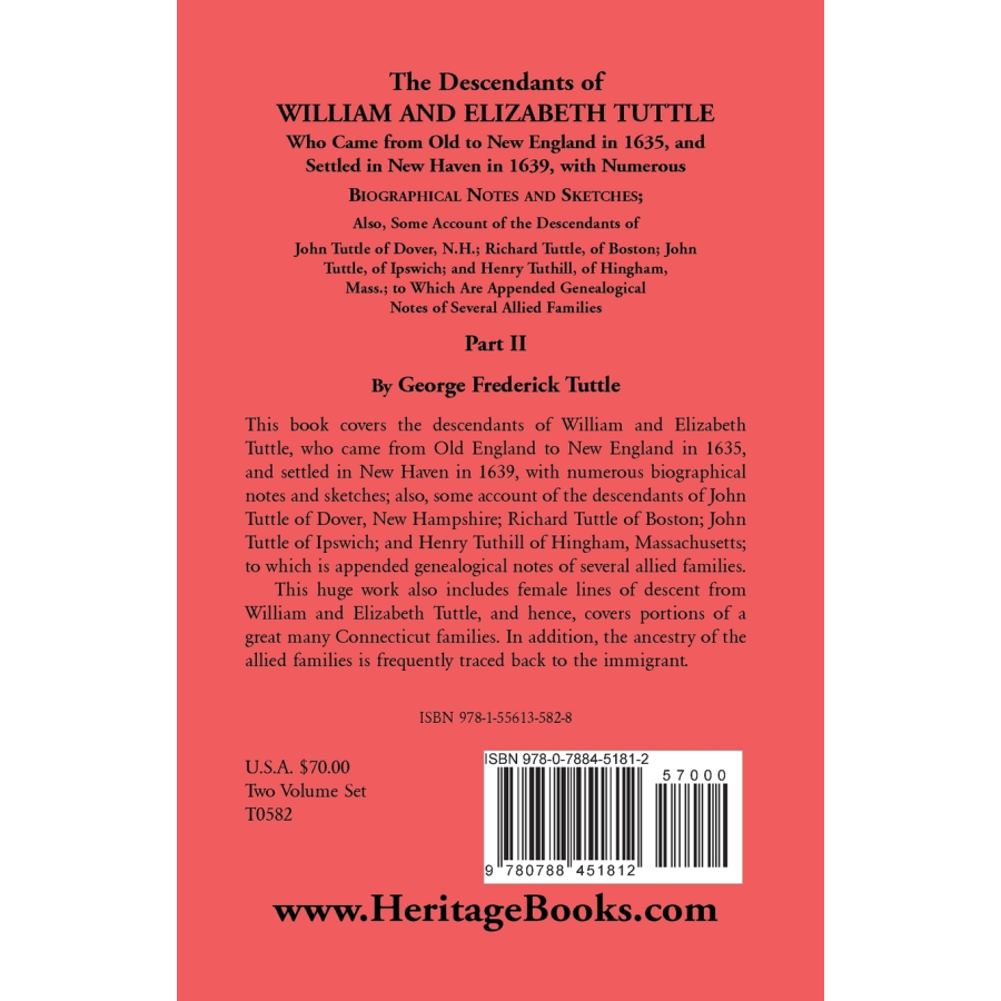 The Descendants of William and Elizabeth Tuttle, Part II back cover