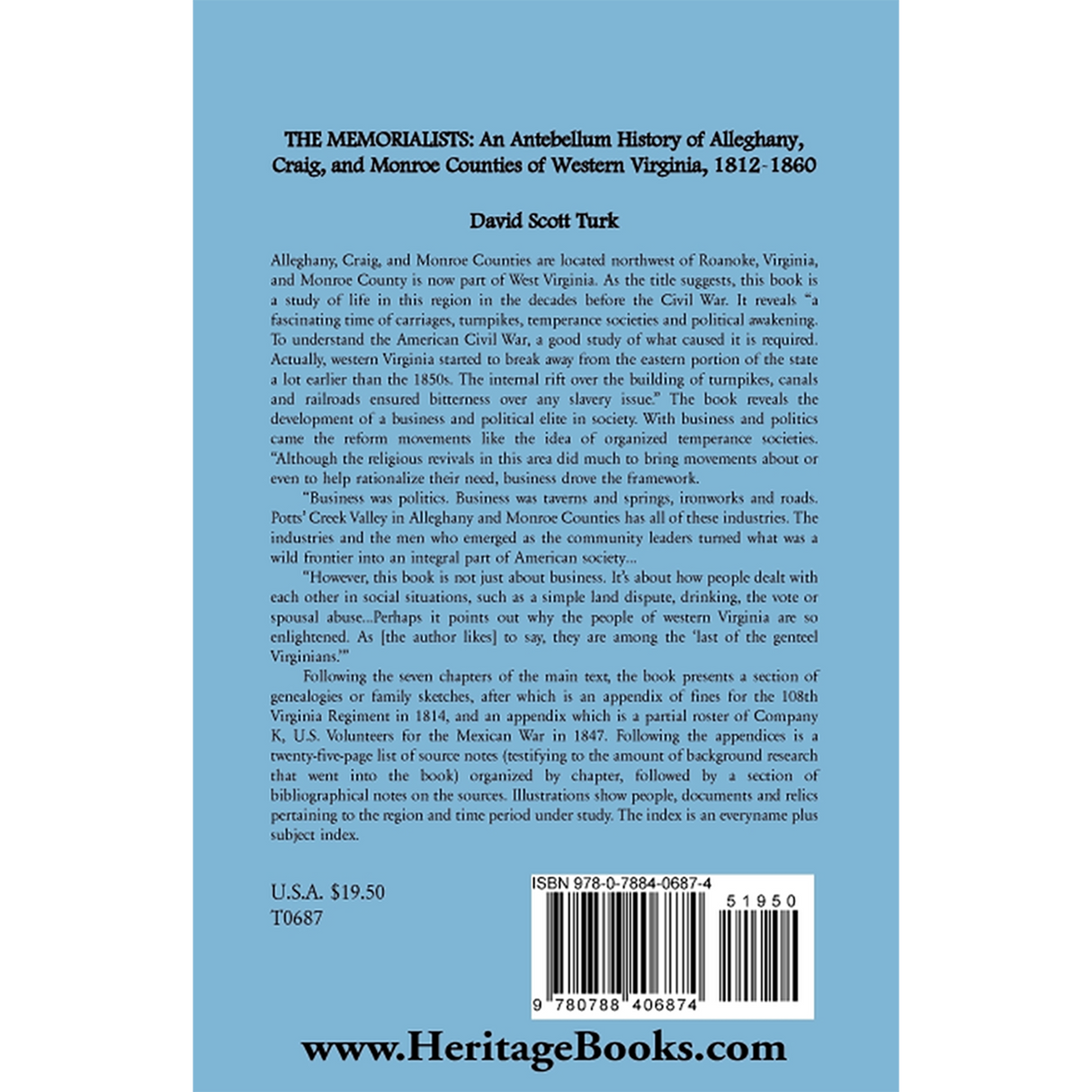 The Memorialists: An Antebellum History of Alleghany, Craig, and Monroe Counties of Western Virginia 1812-60 back cover
