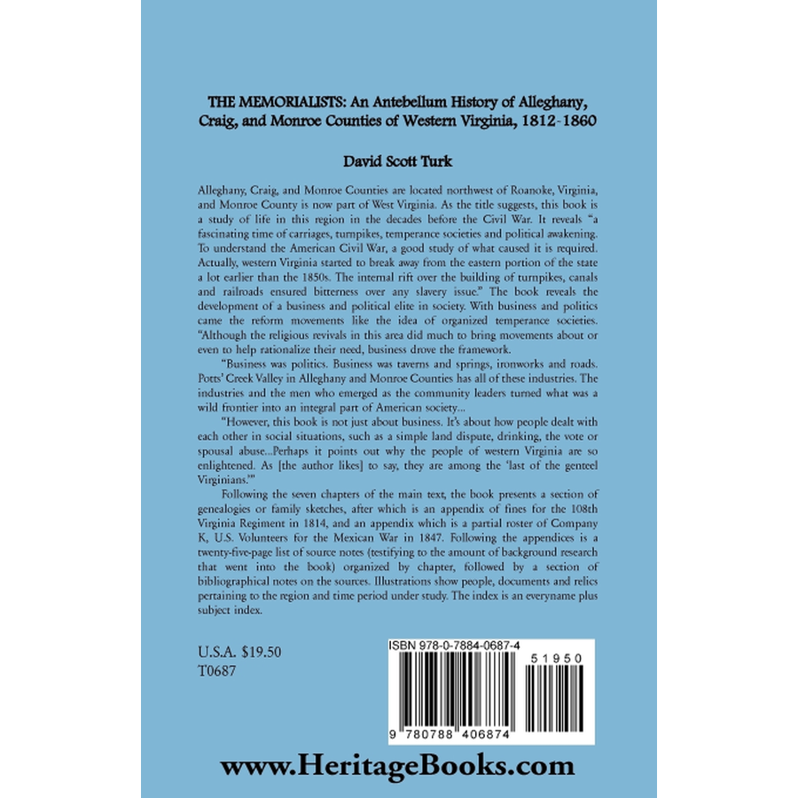 The Memorialists: An Antebellum History of Alleghany, Craig, and Monroe Counties of Western Virginia 1812-60 back cover
