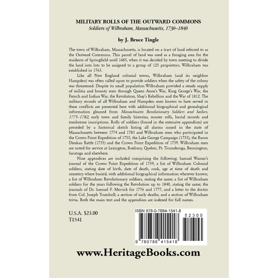 Military Rolls of the Outward Commons: Soldiers of Wilbraham, Massachusetts, 1730-1840 back cover