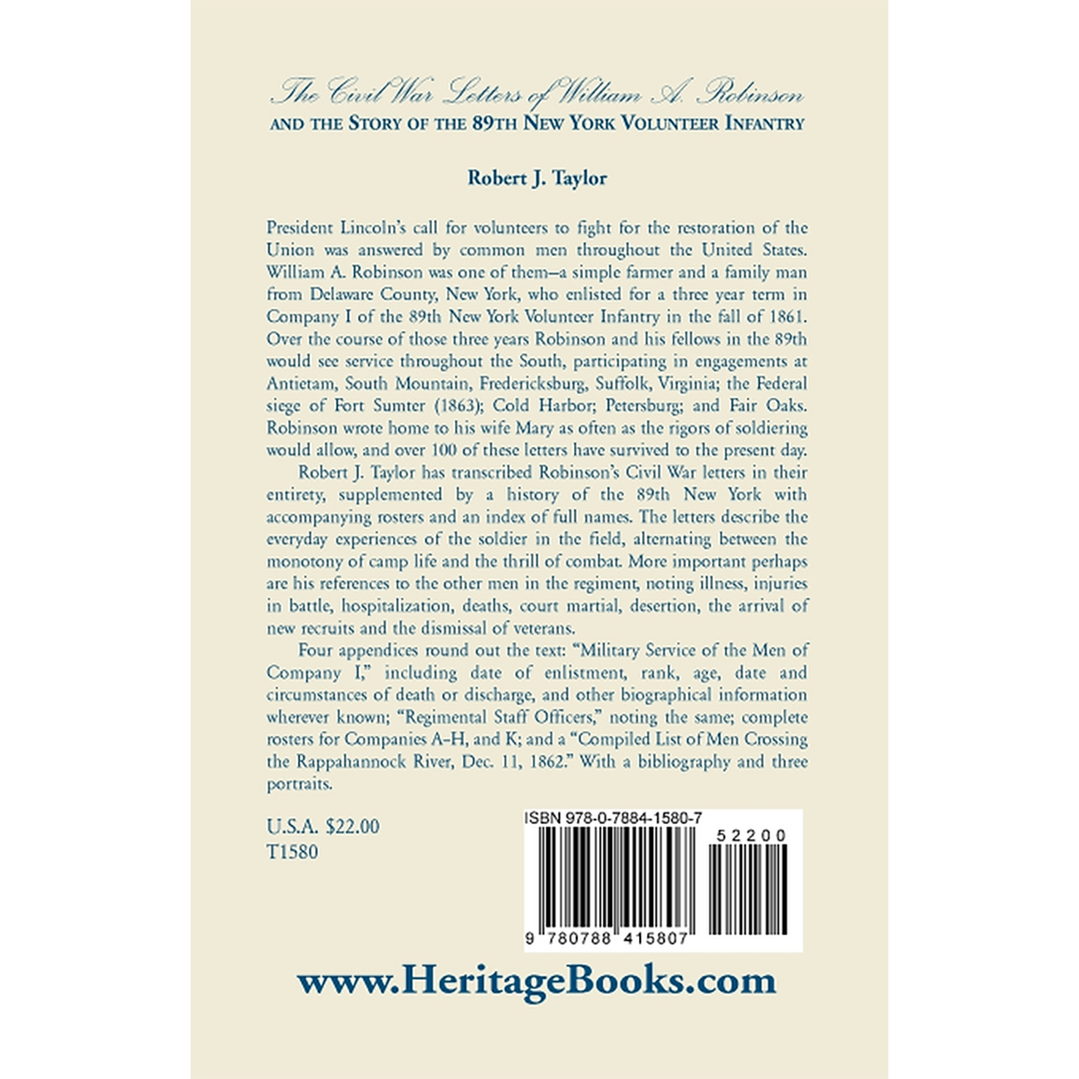 The Civil War Letters of William A. Robinson and the Story of the 89th New York Volunteer Infantry back cover
