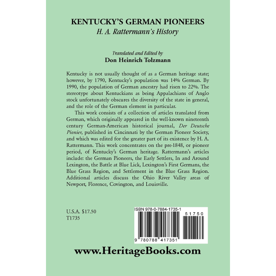 Kentucky's German Pioneers: H. A. Rattermann's History back cover