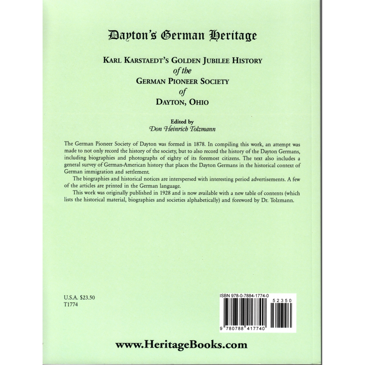 Dayton's German Heritage: Karl Karstaedt's Golden Jubilee History of the German Pioneer Society of Dayton, Ohio back cover