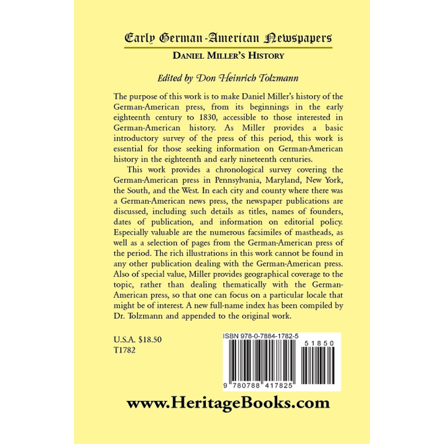 Early German-American Newspapers: Daniel Miller's History back cover