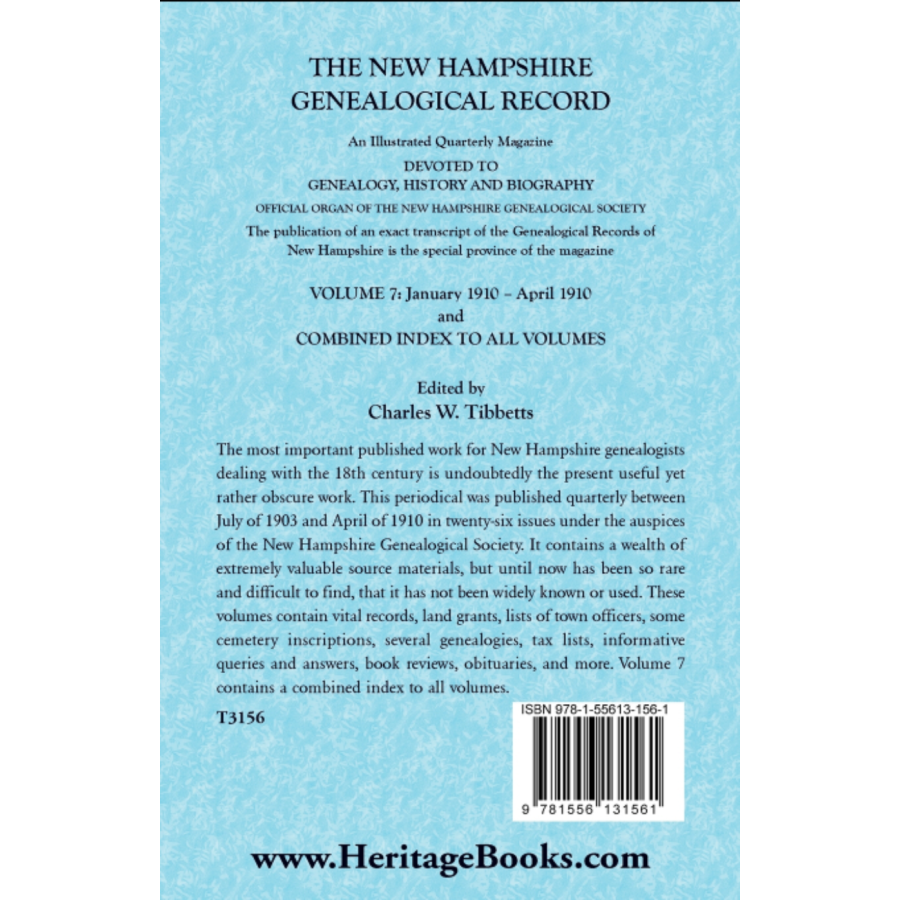 The New Hampshire Genealogical Record, Vol. 7, 1910 and combined index to all volumes back cover