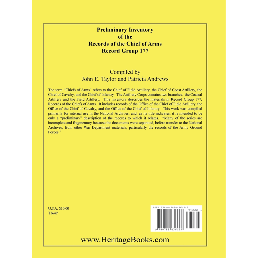 Preliminary Inventory of the Records of the Chiefs of Arms, Record Group 177 back cover