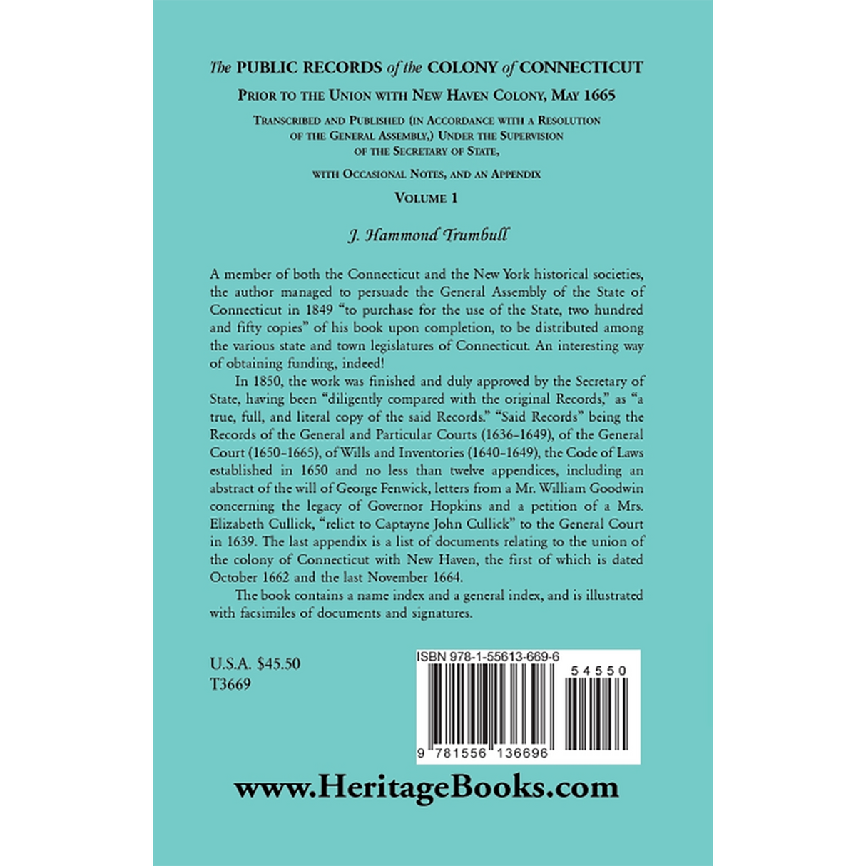 The Public Records of the Colony of Connecticut, Prior to the Union with New Haven Colony, May 1665 back cover