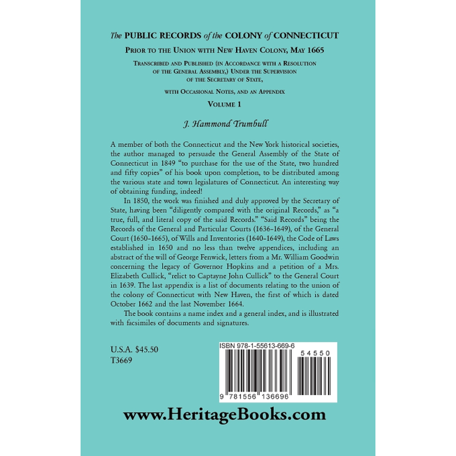 The Public Records of the Colony of Connecticut, Prior to the Union with New Haven Colony, May 1665 back cover