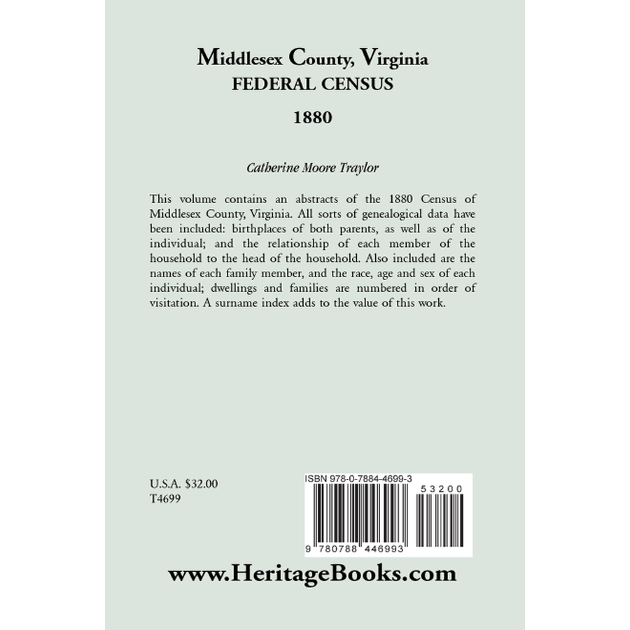 Federal Census 1880 Middlesex County, Virginia back cover