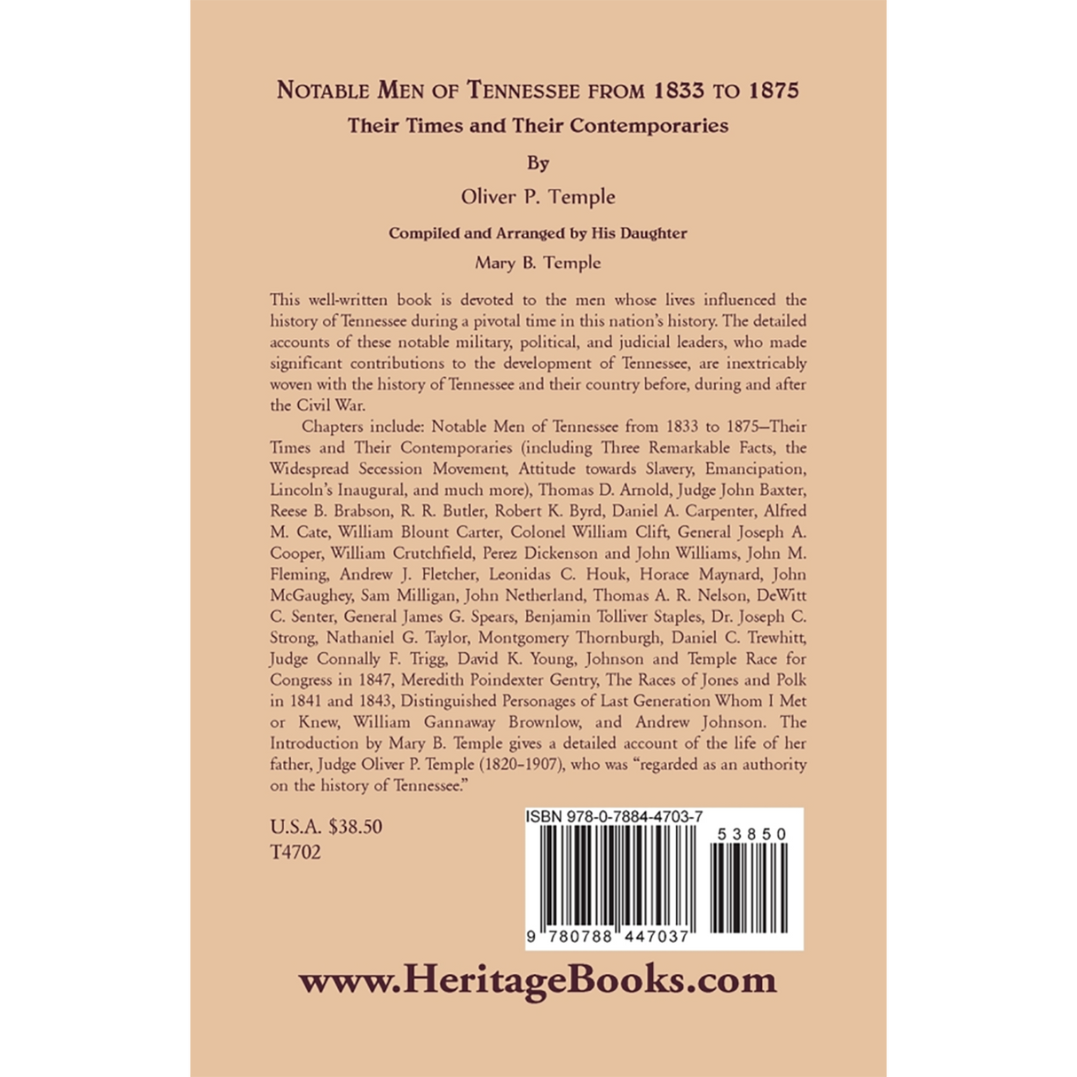 Notable Men of Tennessee for 1833 to 1875: Their Times and Their Contemporaries back cover