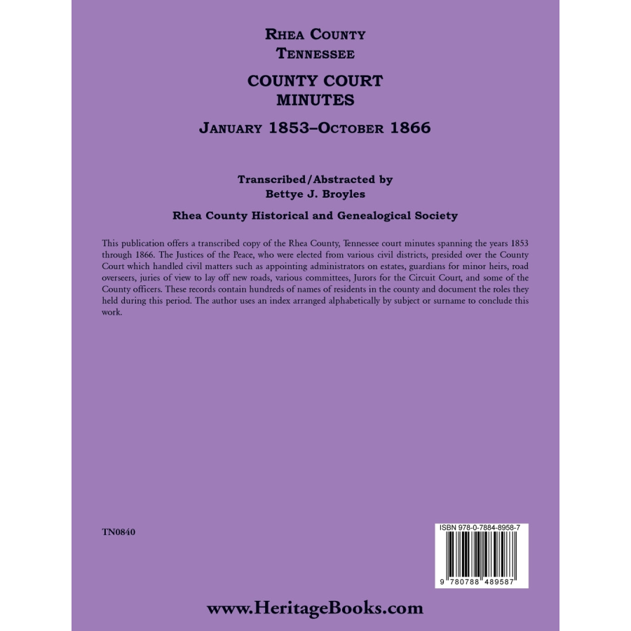 Rhea County, Tennessee County Court Minutes, January 1853-October 1866 back cover