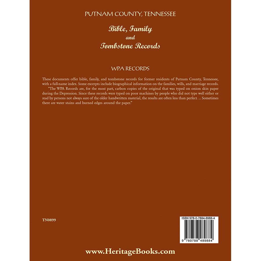 Putnam County, Tennessee Bible, Family and Tombstone Records back cover