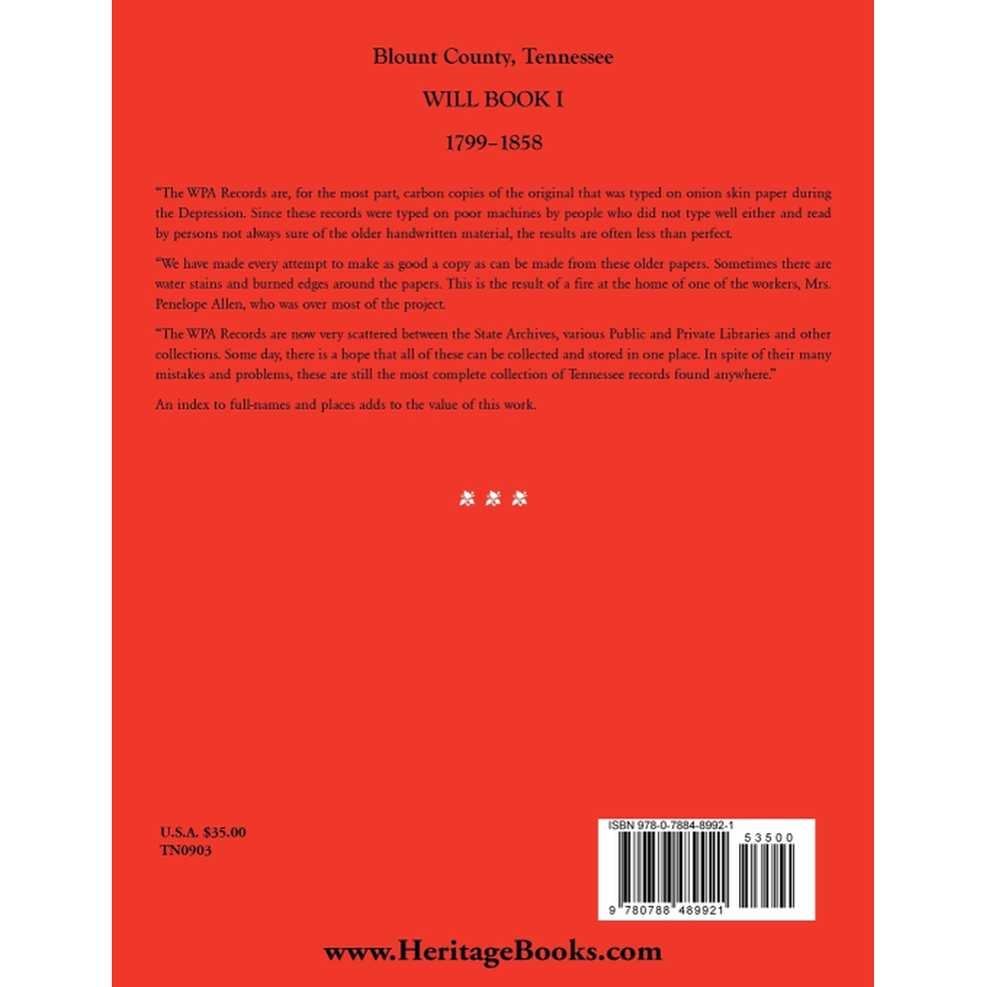 Blount County, Tennessee Will Book 1, 1799-1858 back cover