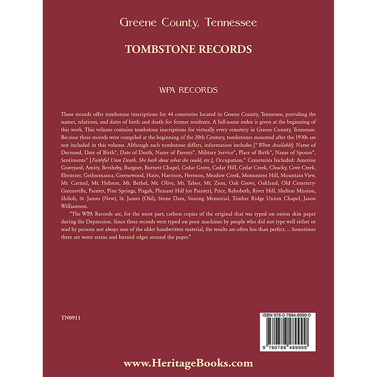 Greene County, Tennessee Tombstone Records