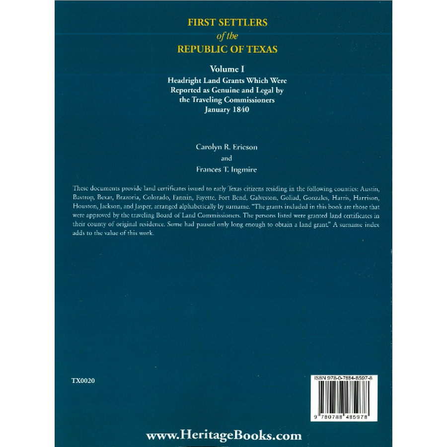 First Settlers of the Republic of Texas, Volume 1 back cover