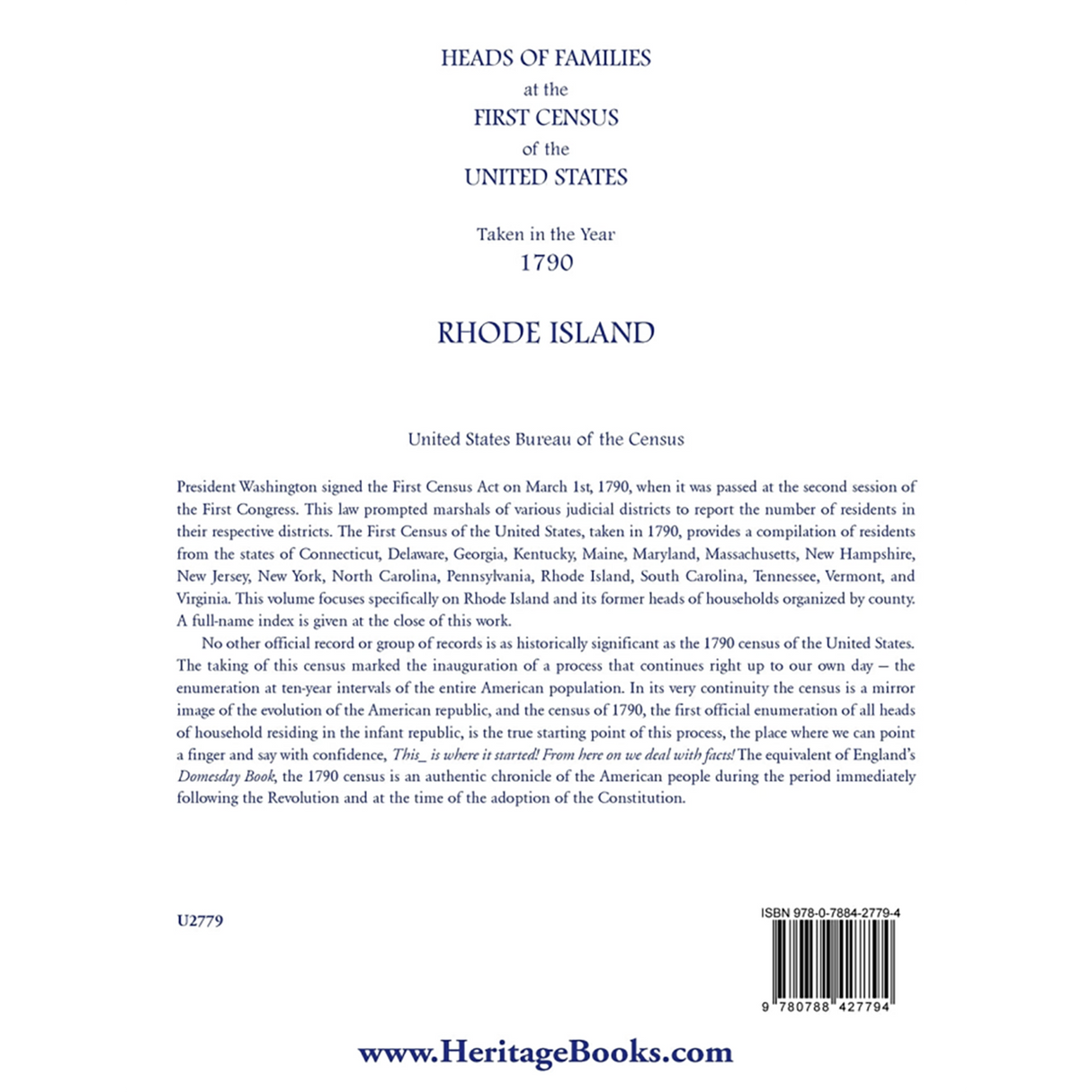 Heads of Families at the First Census of the United States Taken in the Year 1790: Rhode Island back cover
