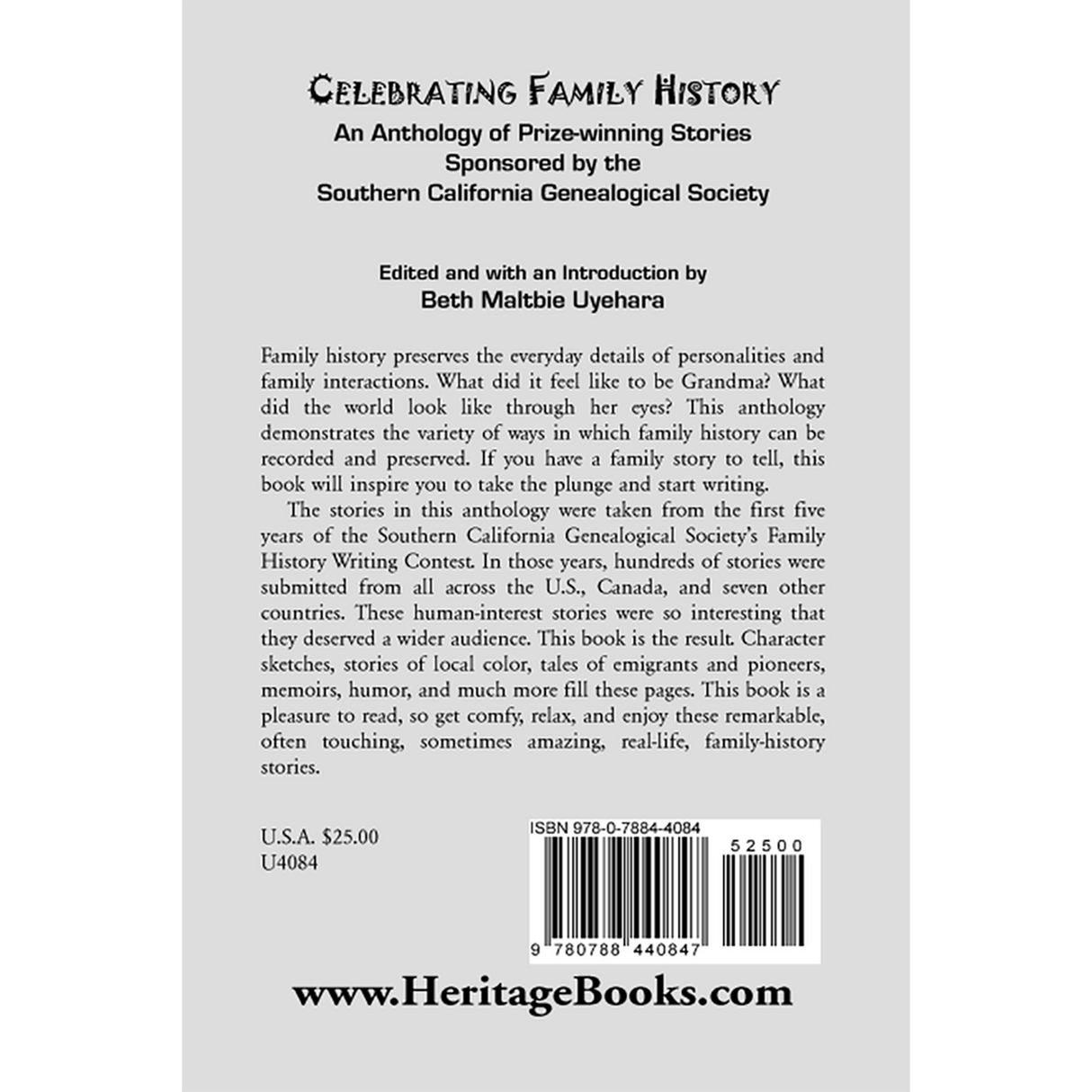 Celebrating Family History, An Anthology of Prize-winning Stories sponsored by the Southern California Genealogical Society back cover