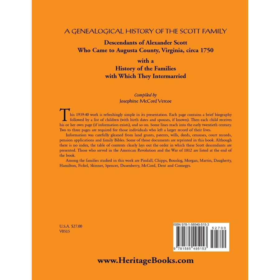 A Genealogical History of the Scott Family, Descendants of Alexander Scott back cover