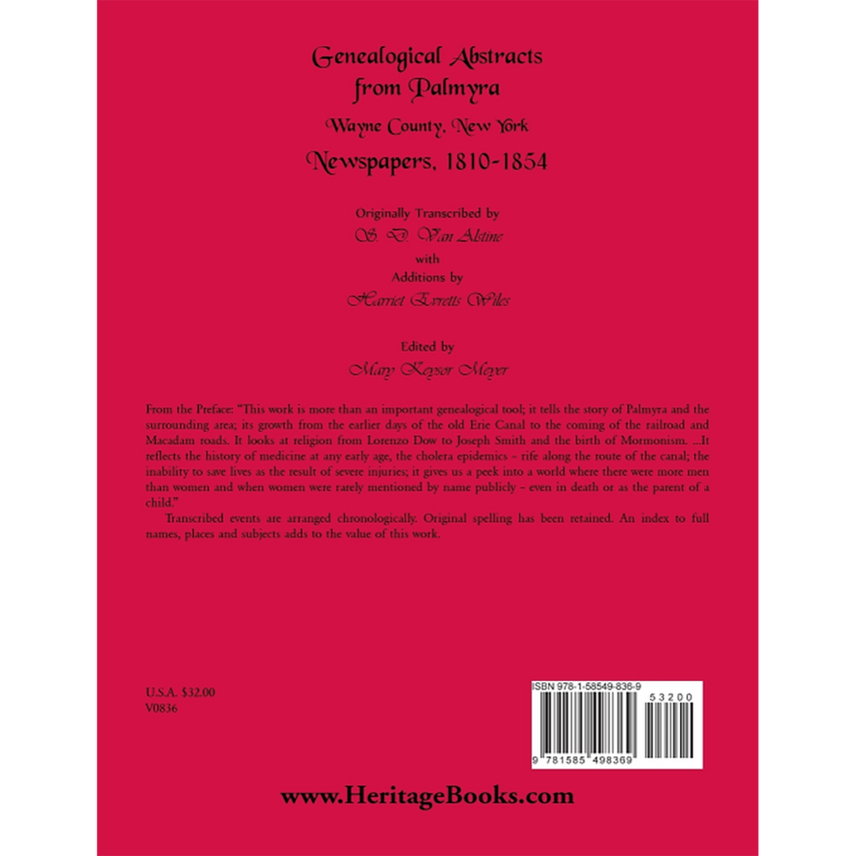 Genealogical Abstracts from Palmyra, Wayne County, New York, Newspapers 1810-1854 back cover