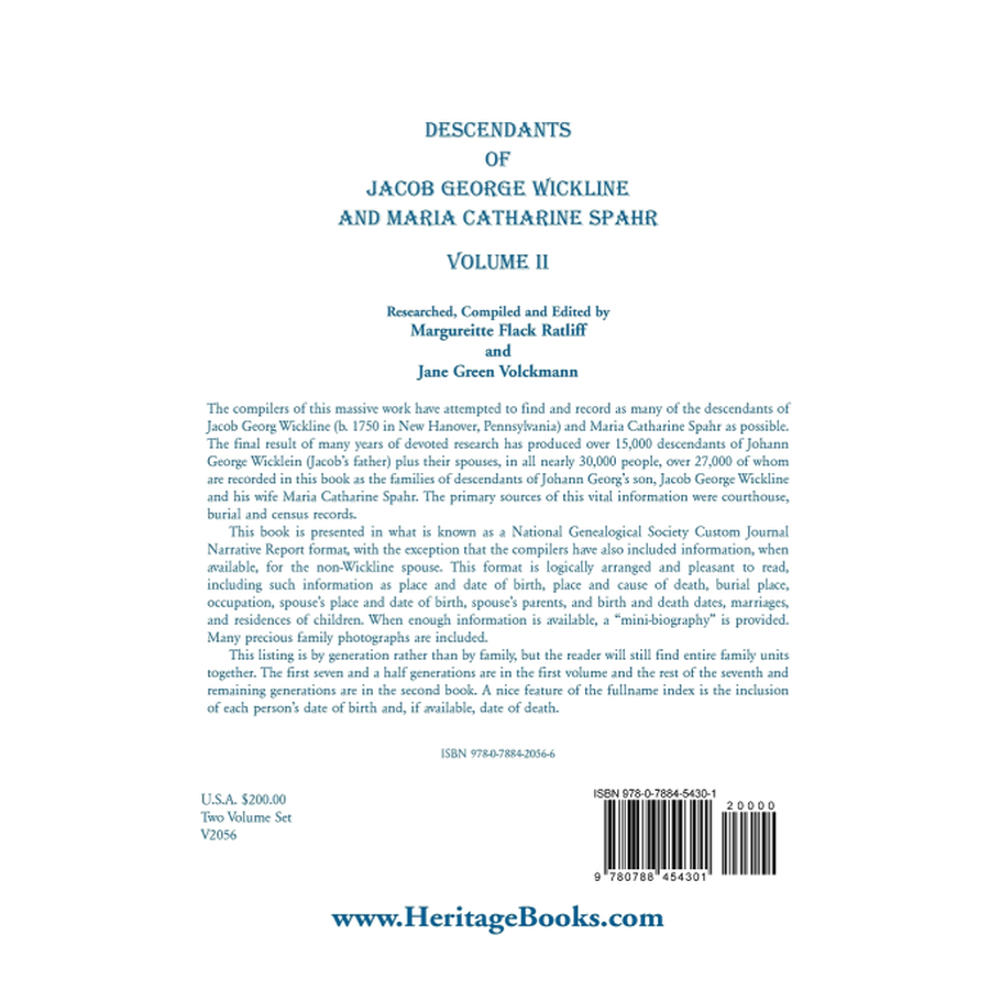 Descendants of Jacob George Wickline and Maria Catharine Spahr, Volume 2 back cover