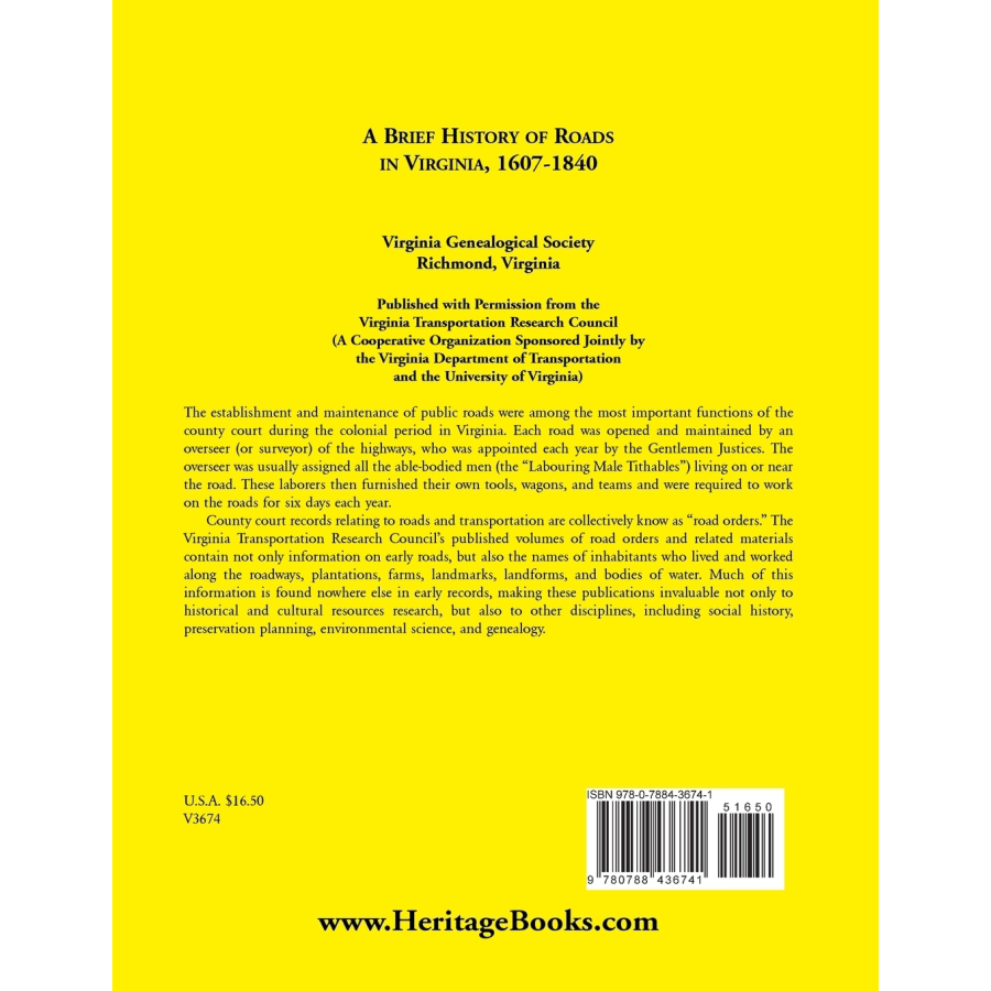A Brief History of Roads in Virginia, 1607-1840 back cover