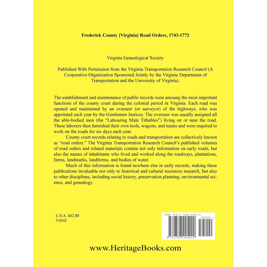 Frederick County, Virginia Road Orders, 1743-1772 back cover